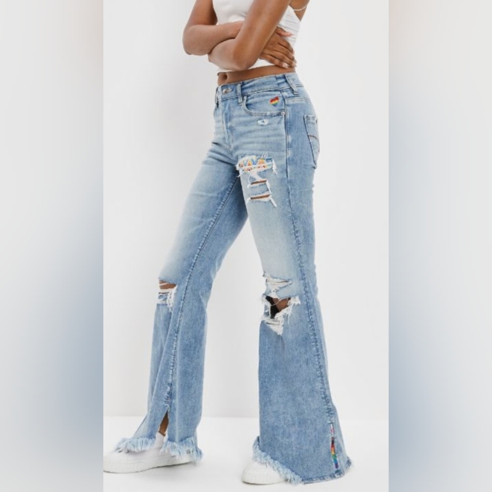 NWT American Eagle Pride Festival Flare Fringe Party Rainbow Sexy Jeans 14 LONG